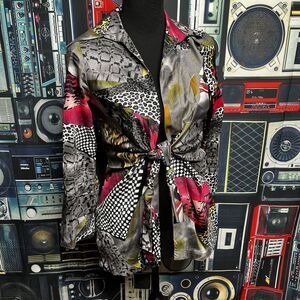 MISHCA Boho Artsy Multi Print Leopard Trendy Collar Tie Waist Open Front Size S